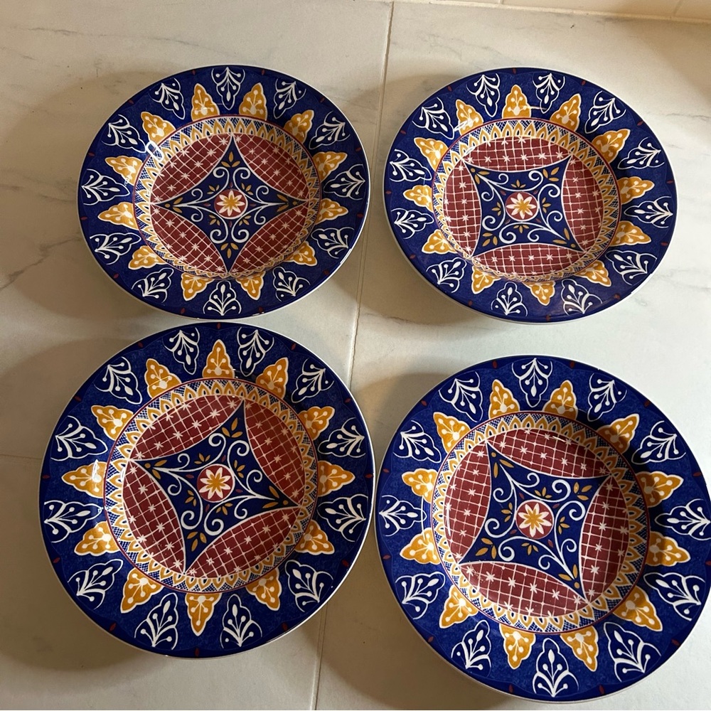 Pier 1 Vizcaya Colorful Patterned Ceramic Painted deep bowls / pasta plates.Qty4